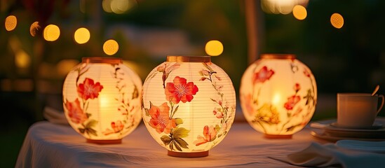 Aufkleber - Floral paper lanterns with warm candlelight glow arranged on a table create a cozy ambiance surrounded by soft bokeh lights in a serene outdoor setting
