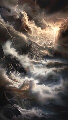Leinwandbilder - A dramatic ocean storm with towering waves crashing against rugged cliffs and intense light breaking through dark storm clouds