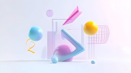 Wall Mural - abstract geometric composition featuring spheres triangles and wireframe elements