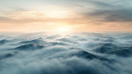 Poster - A serene aerial view of rolling hills covered in mist, with soft morning light creating a tranquil and expansive landscape