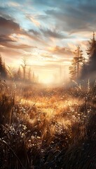 Poster - A tranquil meadow at sunrise, with wildflowers in full bloom and soft golden light casting a warm glow over the serene and untouched landscape