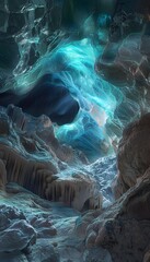Poster - A surreal glowing cave with vibrant blue and green light emanating from intricate rock formations, creating a mysterious and otherworldly atmosphere