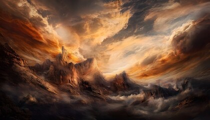 Fototapete - A dramatic sunset over a canyon, with rugged red rock formations glowing in golden light, expansive shadows adding depth, and wispy clouds stretching across the vibrant sky, creating a moody and