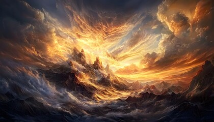 Fototapete - A dramatic sunset over a canyon, with rugged red rock formations glowing in golden light, expansive shadows adding depth, and wispy clouds stretching across the vibrant sky, creating a moody and