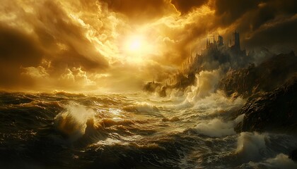 Poster - A dramatic stormy ocean with massive waves crashing against rugged cliffs, illuminated by golden light breaking through dark clouds, creating a bold and cinematic composition