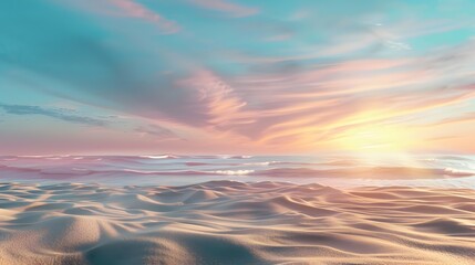 Aufkleber - A tranquil beach scene at sunset, with smooth sand, gentle waves glowing in golden light, and soft pastel colors blending in the sky, creating a peaceful cinematic moment