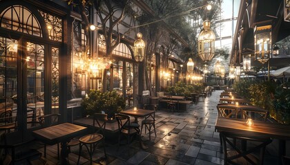 Aufkleber - Retro-inspired caf scene at dusk, warm lantern light illuminating outdoor seating, rich vintage tones creating dynamic cinematic charm