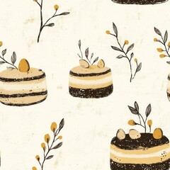 Wall Mural - A pattern of cakes and leaves is drawn in a sketchy style