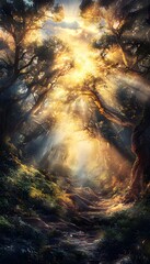 Fototapete - Dreamlike forest illuminated by shafts of golden hour light, intricate shadows dancing on lush green textures, cinematic depth emphasizing serene beauty