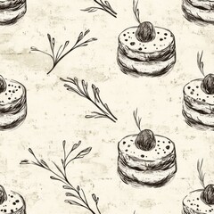 Wall Mural - A pattern of pastries and leaves is drawn in black and white