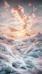 Poster - Expansive glacier illuminated by golden hour light, intricate icy textures glowing under pastel skies, cinematic surrealism highlighting vastness