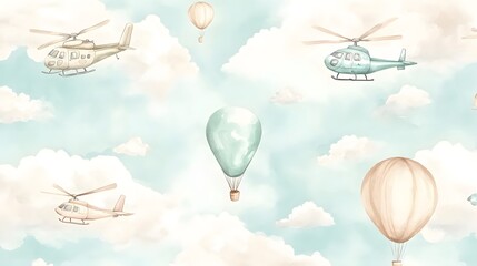 Wall Mural - Watercolor helicopters and balloons floating in a cloudy sky