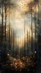 Aufkleber - Rain-drenched forest illuminated by soft golden light, glowing autumn leaves creating cinematic depth and serene vibrancy
