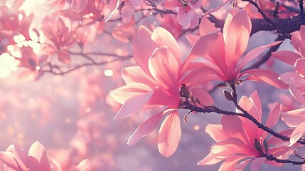 Wall Mural - A magnificent magnolia tree in full bloom, covered in delicate pink flowers against a soft sky. A stunning springtime scene. Generative AI.