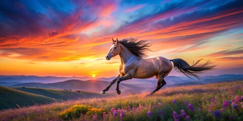 Wall Mural - Majestic Horse Galloping Through Vibrant Sunset Landscape