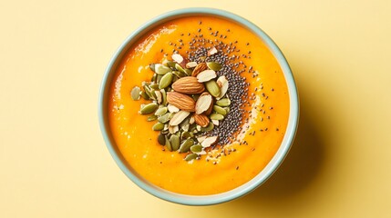 Poster - A top-down view of a smoothie bowl with carrot-orange puree, garnished with nuts and seeds, isolated on a soft pastel yellow background