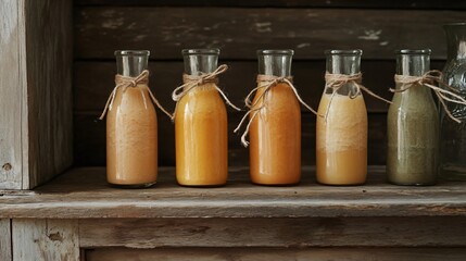 Poster - A vintage-style kitchen setup with carrot-orange smoothies in glass bottles, tied with twine, placed on a distressed wooden surface