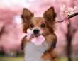 © bethko. - 桜の花びらをくわえる犬 | かわいい春の広告向けAI画像