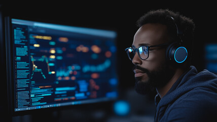 Wall Mural - focused programmer: a concentrated programmer with headphones, glasses, and a serious expression wor