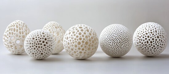 Leinwandbilder - Delicate white spherical objects with intricate cut-out patterns arranged in a line against a light grey background, evoking a sense of elegance.