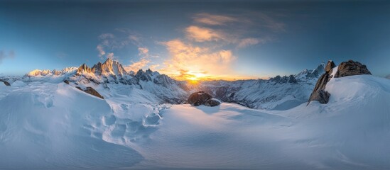 Poster - Stunning panoramic winter sunset over snow-covered peaks and valleys in the Alps with bright orange and blue hues illuminating the sky