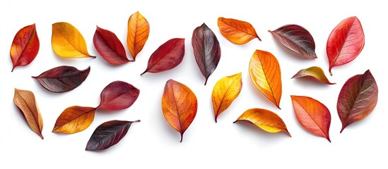 Aufkleber - Multicolored fallen autumn leaves in varying shades of red, orange and yellow arranged in a scattered layout on a clean white background.