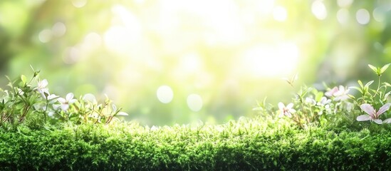 Leinwandbilder - Bright sunlight illuminating lush green moss in a forest clearing with white flowers and a soft bokeh effect, creating a serene natural background.
