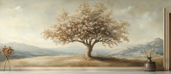 Poster - Serene living room interior design with a large neutral tree mural, soft earthy tones, and warm lighting create an inviting atmosphere.