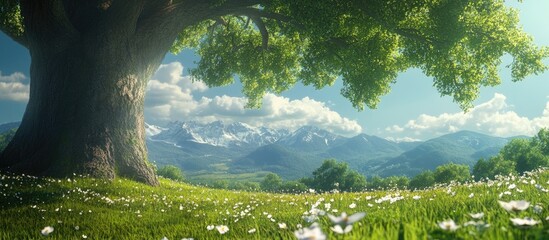 Aufkleber - Vibrant spring meadow with large lush green tree in foreground, scattered white flowers, snow-capped mountains in background, clear blue sky.
