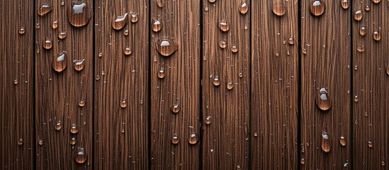 Poster - Glossy brown wooden planks with raindrops highlighting rich textures and natural beauty, positioned vertically across the image for a sleek look
