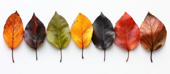 Aufkleber - Multicolored autumn leaves arranged in a row on a white background showcasing vibrant hues of orange, yellow, green, brown, and red.