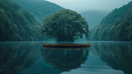 Wall Mural - A river cutting through a lush forest with trees reflecting in water in 4K HD 8K wallpaper Photographic Image