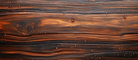 Fototapete - Glossy dark brown wooden surface with vertical stripes and raindrops highlighting textured patterns and natural artwork in a serene composition