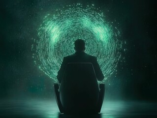 hacker manipulating glowing codes in sci-fi environment futuristic setting digital dark atmosphere r