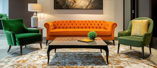 Aufkleber - Stylish contemporary living room with vibrant orange sofa and green chairs around a sleek coffee table on a decorative carpet in warm tones