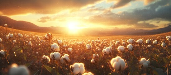 Poster - Sunlit cotton field at dawn with blooming cotton flowers in shades of white and green against a golden sky and softly rolling hills in the background.
