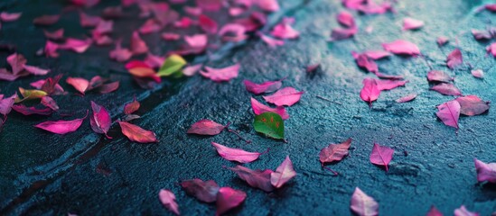 Aufkleber - Vibrant scene of scattered pink foliage on a dark damp surface, showcasing a colorful mix with green accents in a close-up perspective.