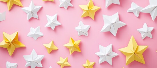 Aufkleber - Handmade paper stars in white and yellow scattered on a soft pink background creating a whimsical and colorful artistic display.