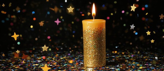 Aufkleber - Golden celebration candle glowing amidst colorful confetti and sparkling stars on a dark background creating a vibrant festive atmosphere