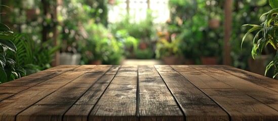 Aufkleber - Empty rustic wooden table in the foreground with softly blurred indoor garden background featuring vibrant green plants and natural light enhancing the scene
