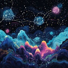 Wall Mural - constellations and celestial bodies over a vibrant wavy mountain range