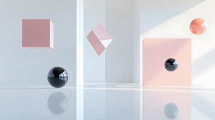 Wall Mural - a room with a white floor and a black ball and cube