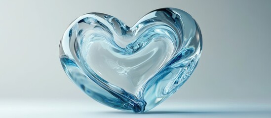 Poster - Heart-shaped glass sculpture reflecting light elegantly with a transparent blue tint, centered against a soft gradient background for a modern aesthetic.