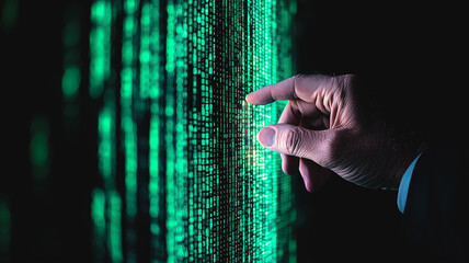 Digital Touch: A hand gently interacts with cascading lines of vibrant green code, symbolizing the intricate world of software development and digital innovation.