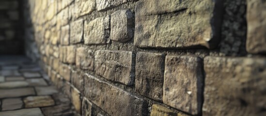 Poster - Detailed close-up of textured stone brick wall in earthy tones; shadows accentuate uneven surfaces with a warm, rustic feel; foreground view.