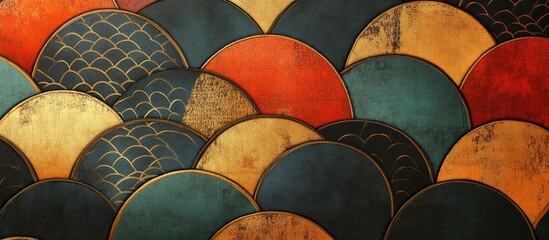 Fototapete - Traditional Korean paper pattern featuring vibrant colors including red, blue, and gold arranged in circular wave designs with a textured finish.