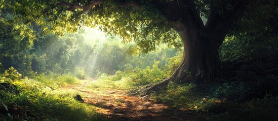 Aufkleber - Sunlight filters through lush green leaves illuminating a serene forest path lined with vibrant trees and soft earthy tones, evoking tranquility.