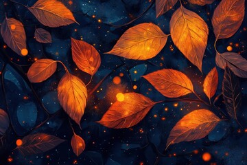 Wall Mural - Illustration of vibrant orange leaves against a deep blue background