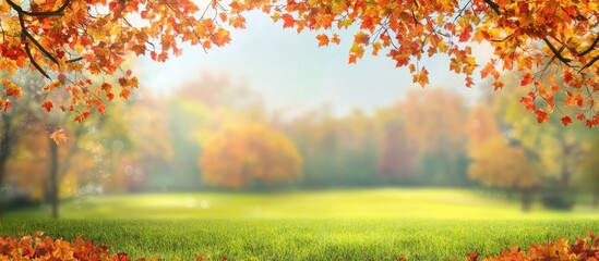 Aufkleber - Autumn park scene featuring vibrant orange and yellow leaves framing a lush green meadow with a soft blurred background of trees.