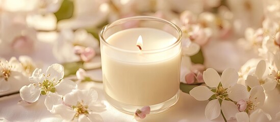 Poster - Soft white candle in a glass holder surrounded by delicate cherry blossoms on a light background, evoking a tranquil and serene ambiance.